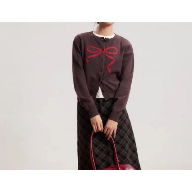 New Solid Color Sweet Age-reducing Bow Round Neck Jacquard Sweater Knitted Sweater Cardigan Jacket Women