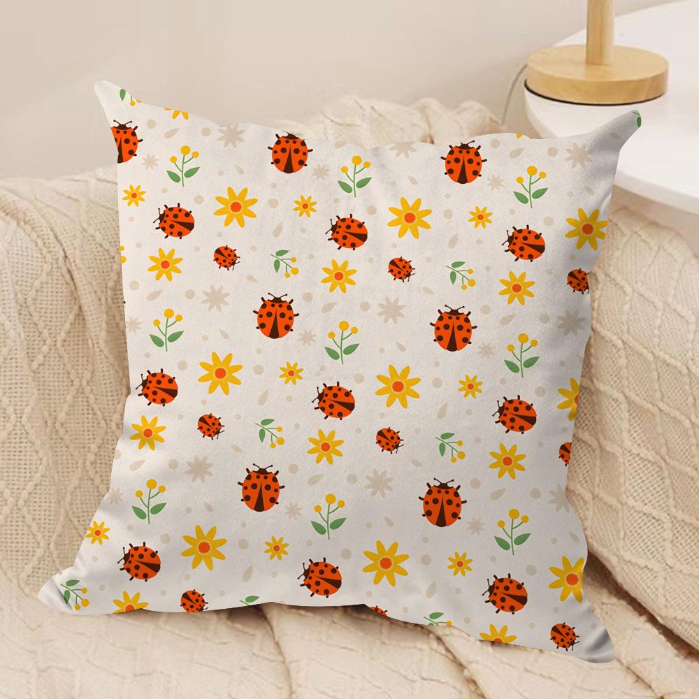 Cute Ladybug Wildflower Pattern Cushion Cover Silky Short Plush Invisible Zipper Dustproof Sofa Pillow Case for Home Decor