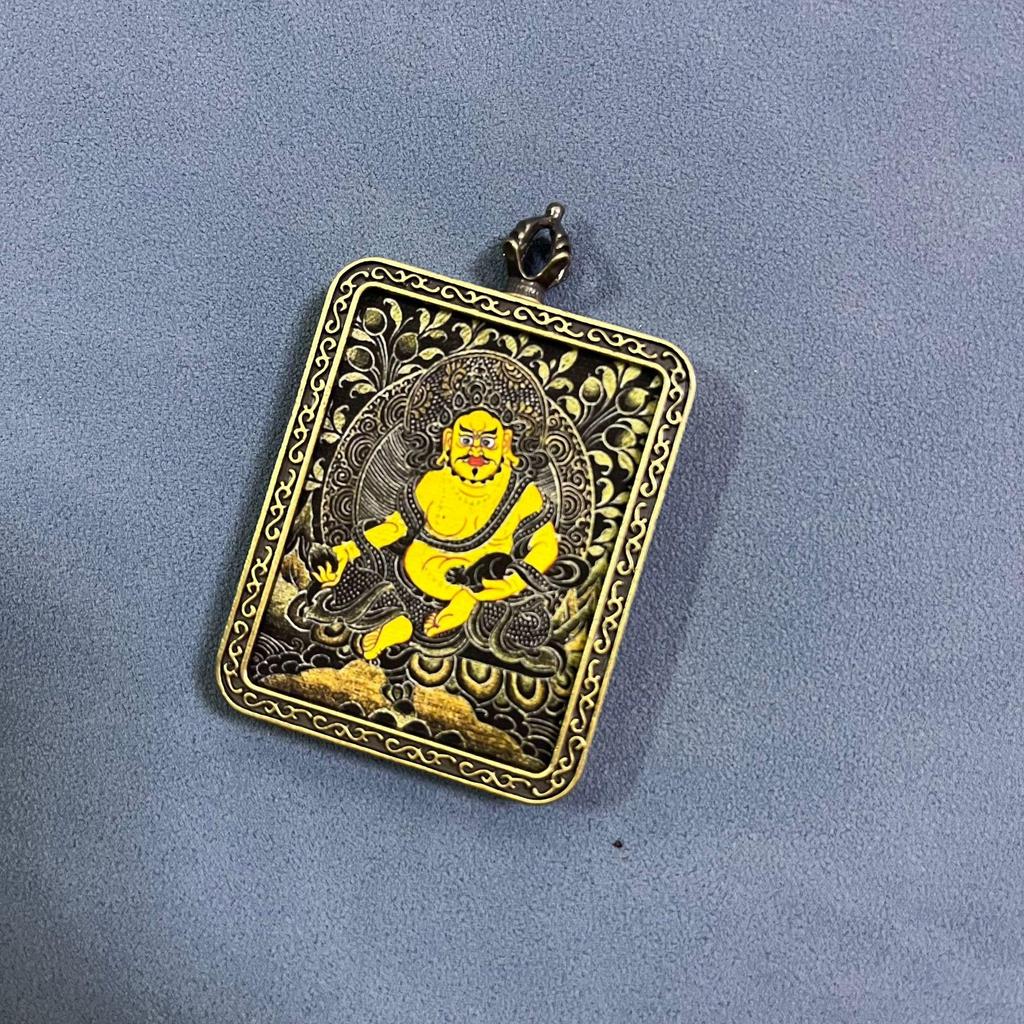 Yellow Jambhala Hand-Painted Thangka Pendant - Artistic Wealth-Attracting Souvenir