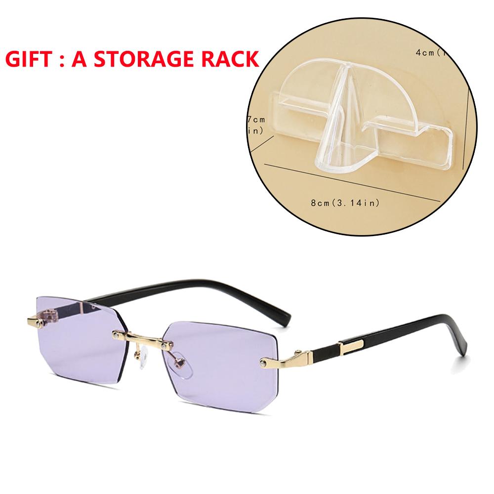 

Rimless Sunglasses with Glasses Storage Rack Men Women Fashion Frameless Rectangle Sun Glasses Retro Shades Summer Eyewear