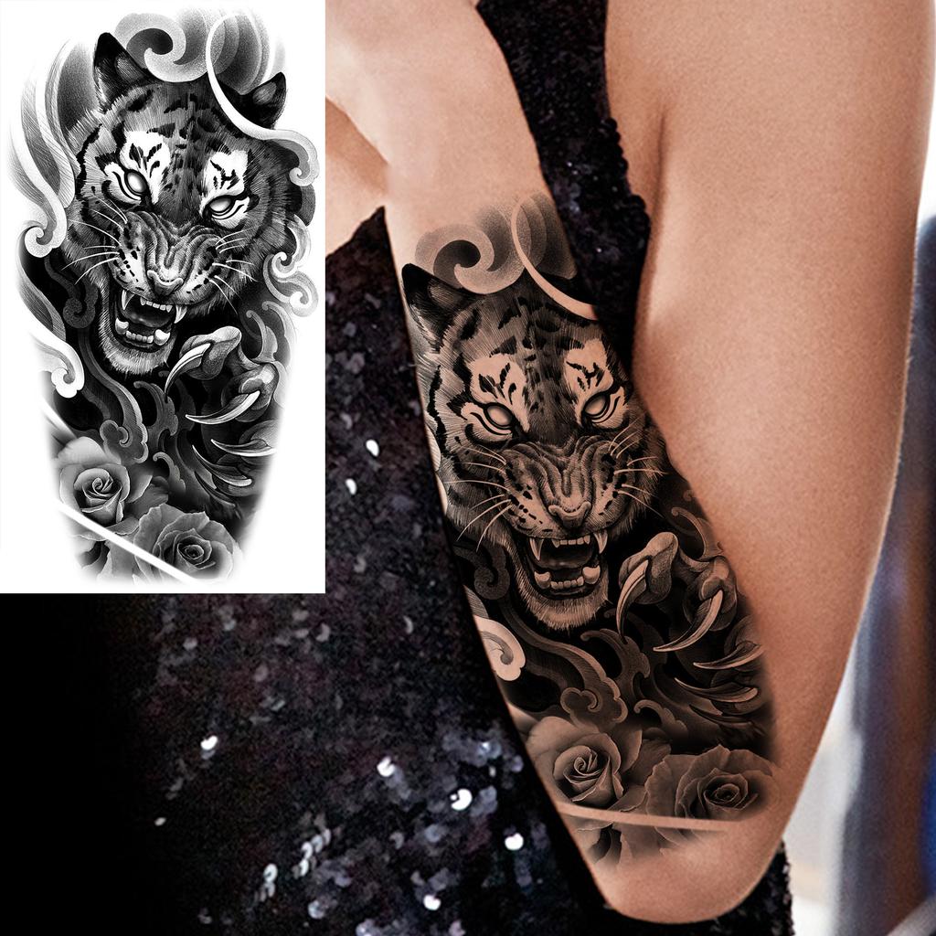 1 Sheet Scary Tiger Flower Temporary Tattoos For Women Men Adults Fake Black Black Animal Tattoo Sticker Covers Up Waterproof