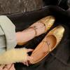 Pleated Fashion Ballet Flats Women Leather Shoe Women Casual Buckle Strap Silver Flats Gold Square Toe 2025 Spring Women's Shoes