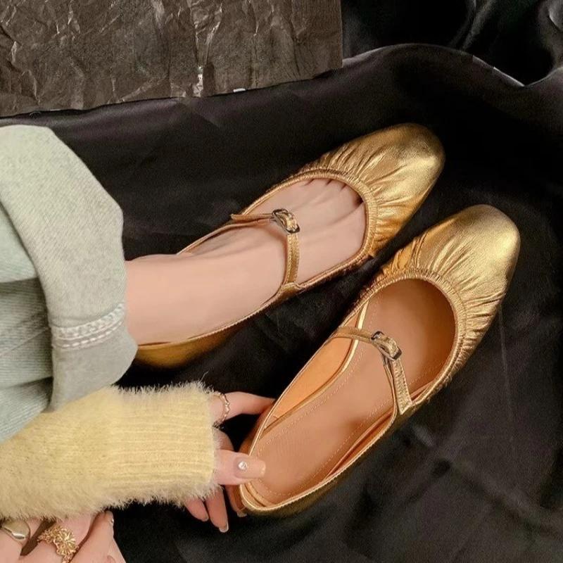 Fashion Pleated Fashion Ballet Flats Women Leather Shoe Women Casual Buckle Strap Silver Flats Gold Square Toe 2024 Spring Women's Shoes