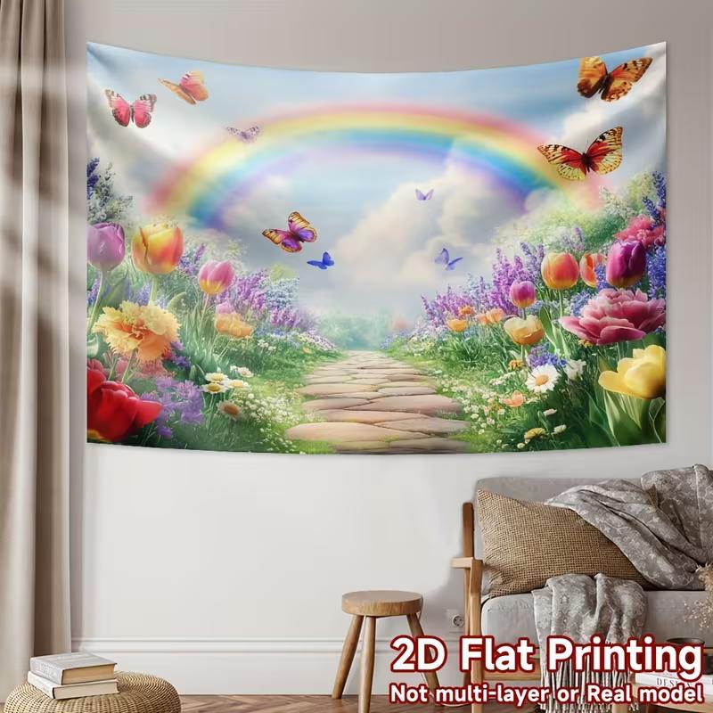 2D Frühlings-Regenbogen-Hintergrund, Bunter Garten mit Tulpen & Schmetterlingen Hintergrund für Outdoor-Themenveranstaltungen