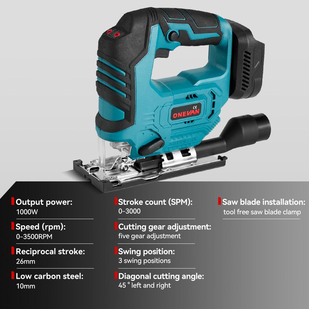 ONEVAN 3500RPM Brushless Electric Jig Saw 1000W Jigsaw Adjustable Blade 3 Variable Speed Woodworking Tool for Makita 18V Battery