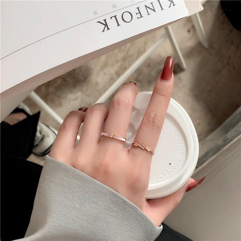 Micro-Inlaid Two-Diamond Pink Shell Gold-Plated Titanium Steel Ring for Women