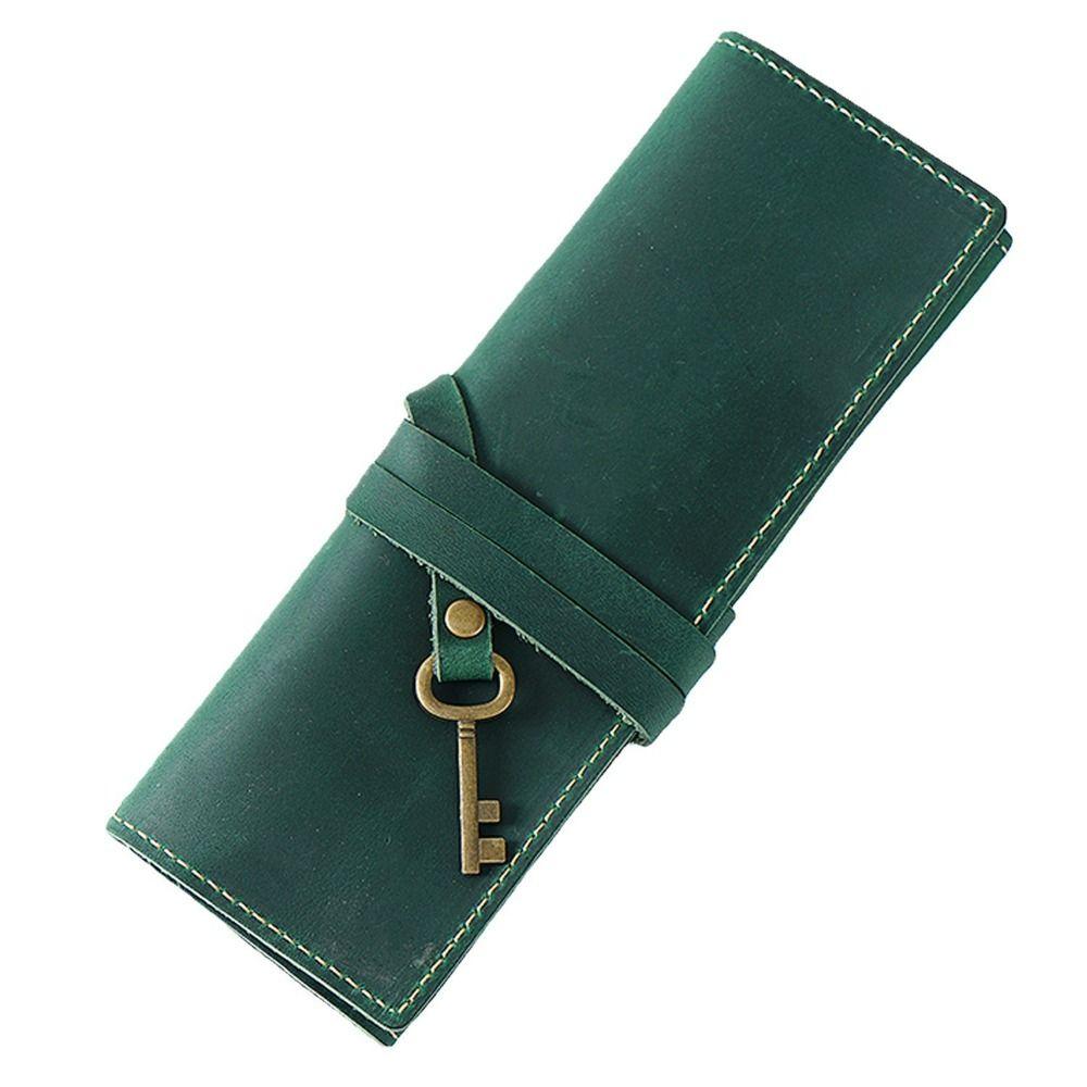 Multi-Compartment Pencil Roll Bag Cowhide Leather Vintage Cowhide Pencil Case Literary Style