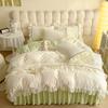 INS Girls Blue Bedding Sets Solid Color Ruffles Lace Kawaii Soft Bed Skirt Sheet Woman Duvet Cover Pillow Covers Quilt Cover