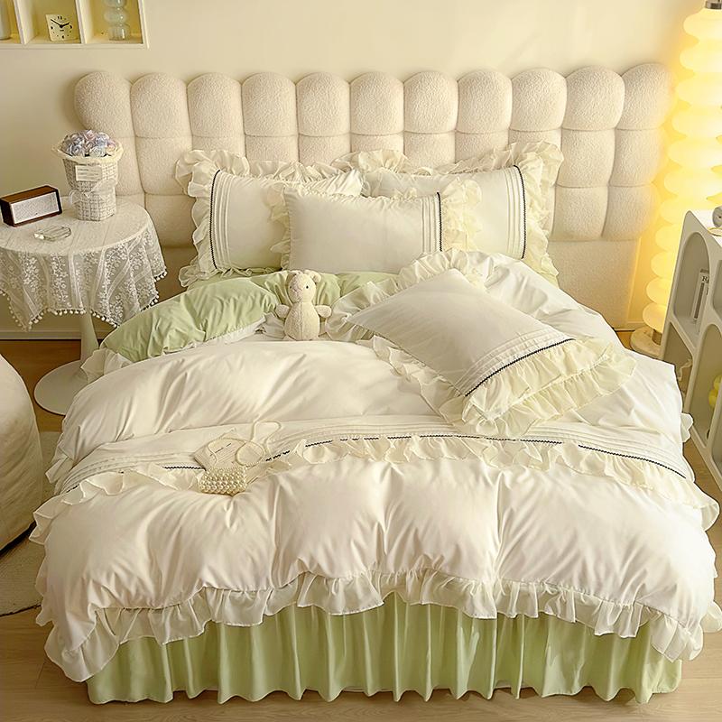 INS Girls Blue Bedding Sets Solid Color Ruffles Lace Kawaii Soft Bed Skirt Sheet Woman Duvet Cover Pillow Covers Quilt Cover