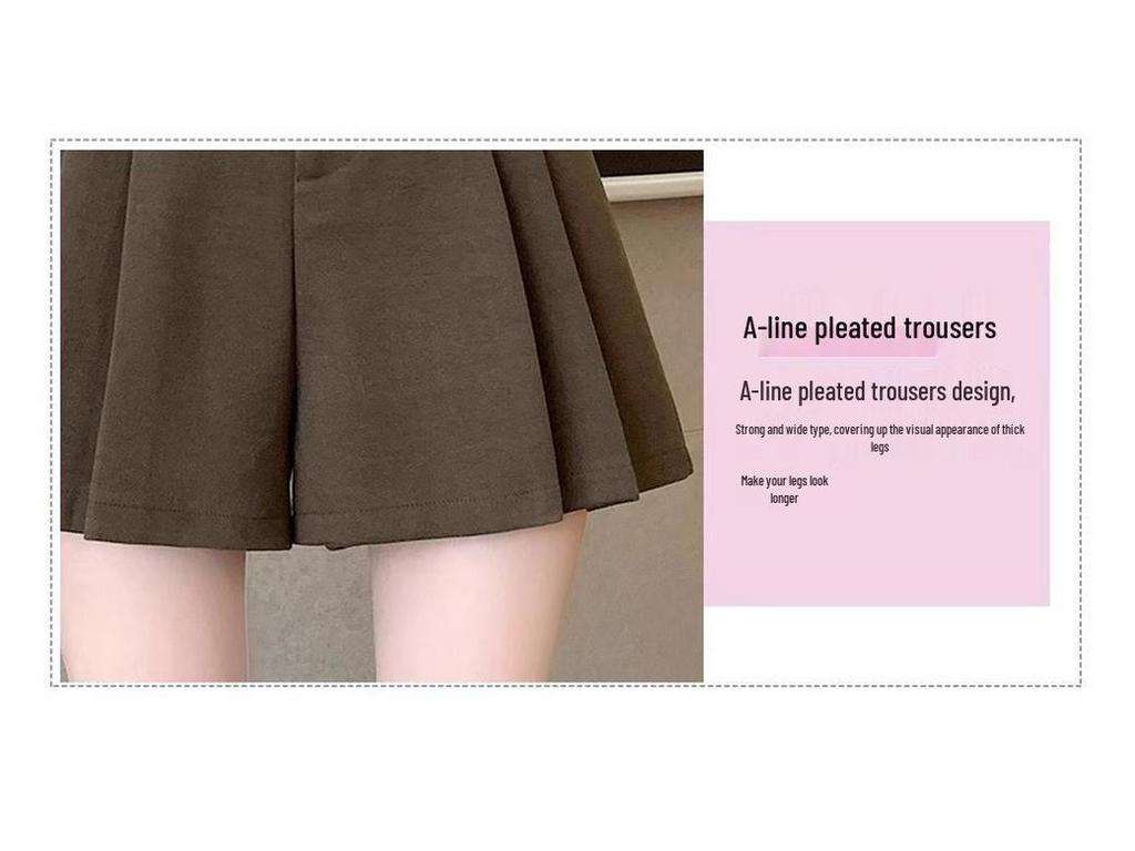 Women's 2024 High-Waist Khaki Woolen Pleated A-Line Shorts for Autumn/Winter