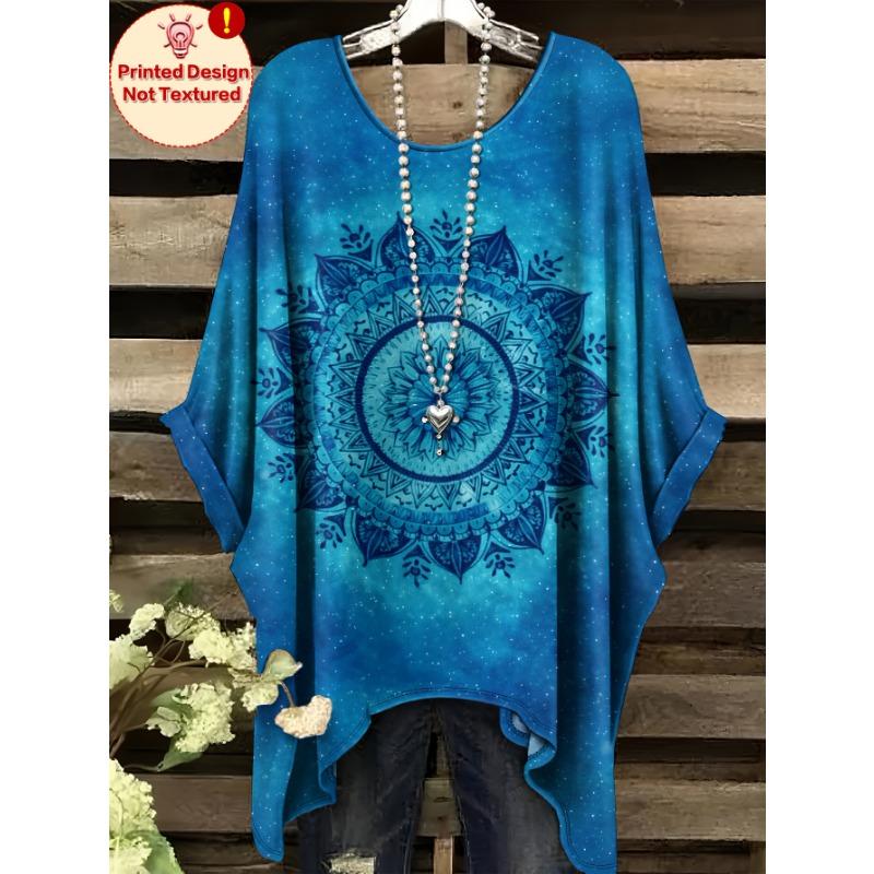 

Women s plus-size Plus T-shirt, ethnic style totem pattern all-over printed short-sleeved, versatile and fashionable round-neck loose T-shirt 1XL