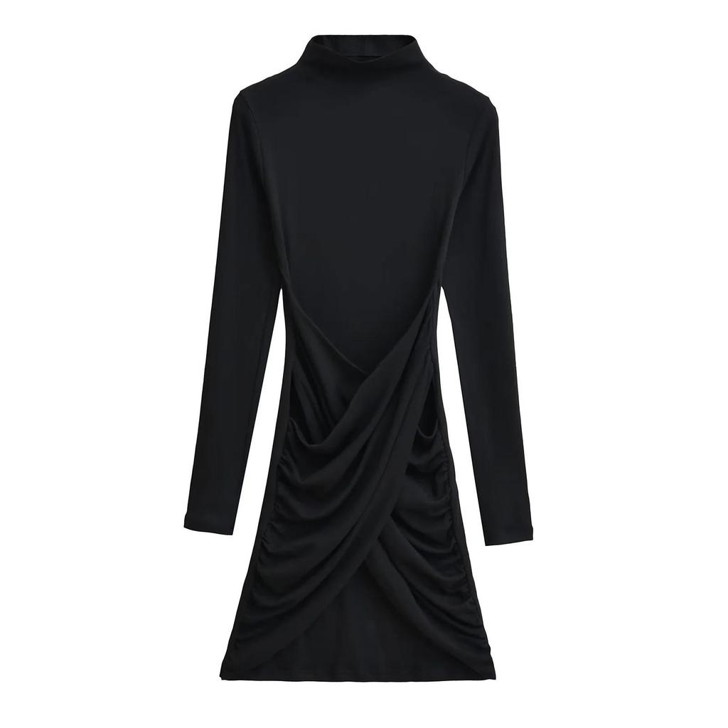 European-Style High Neck Long Sleeve Fleece Dress - Pleated Hot Girl Hip Wrap Skirt