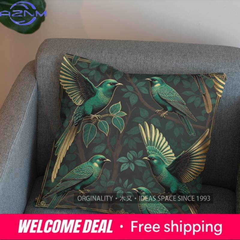 2D Enchanted Green Birds And Leaves Cushion Cover Pattern Cushion Cover Suitable For Sofa Bedroom Car Pillow Cover