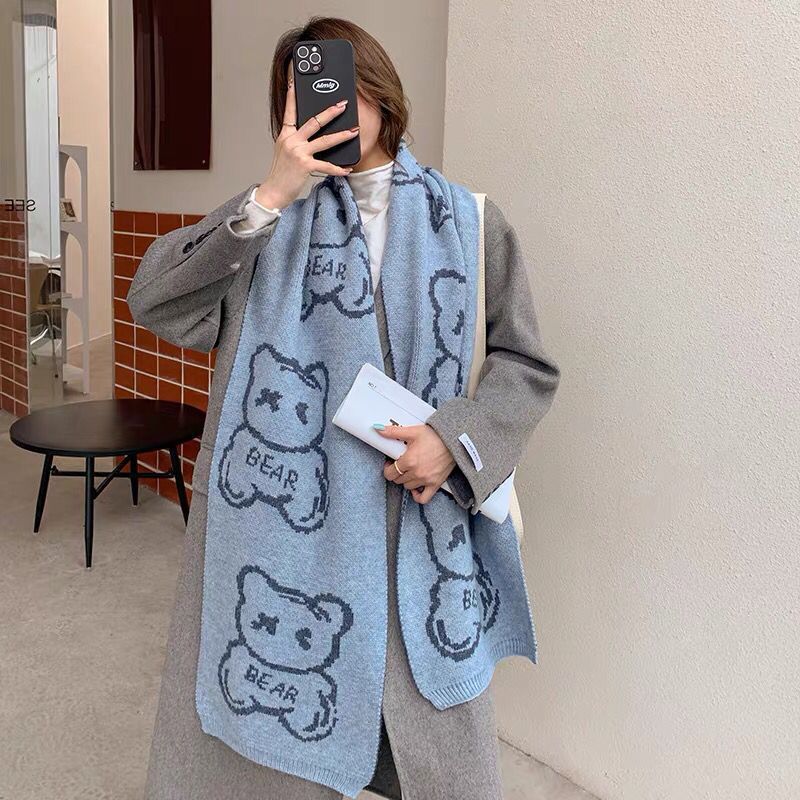 Autumn and Winter Warm Long Couple Scarf Student Korean Version Double-sided Printing Cute Bear Knitted Scarf Female