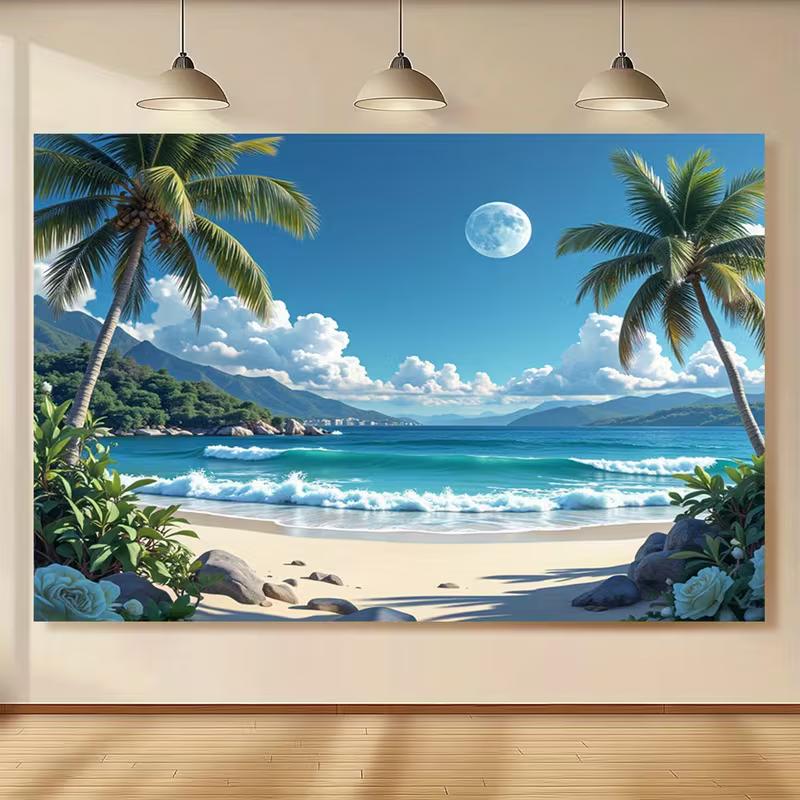 

2D Moonlit Tropical Beach Backdrop Palm Tree Ocean Photography Background 47.2x31.5inch/120*80cm