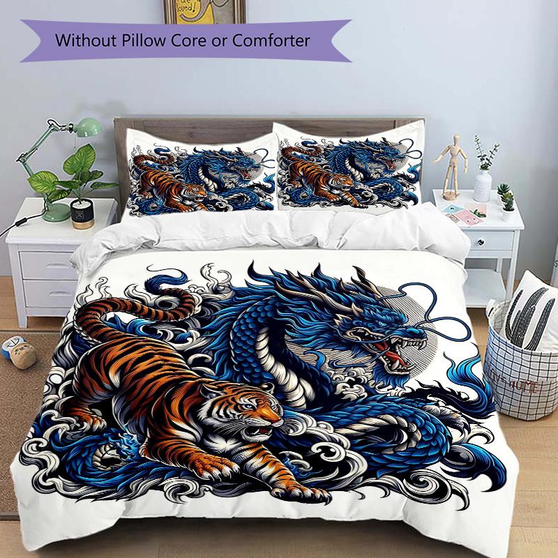 

3pcs Blue Dragon vs Tiger Bedding Set - Includes Quilt Cover and Pillowcases, Suitable for All Seasons, Machine Washable - Ideal Gift for Family 135x200cm