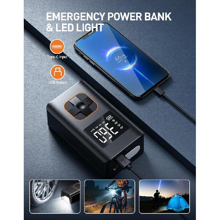 Tire Inflator Portable Air Compressor - 150 PSI Portable Air Pump for Car Tires, Cordless Electric Bike Tire Pump with Digital Pressure Gauge, LED