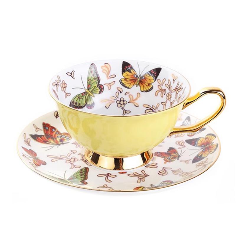 

220 мл, набор из тонкого костяного фарфора, чайная чашка с блюдцем, дизайн с красочными бабочками, керамическая чашка Tasse a cafe, блюдце для чашки эспрессо. 220ml жёлтый