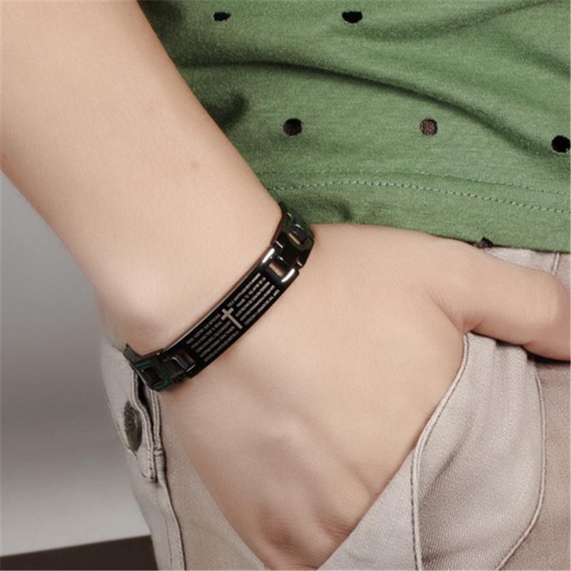 Stainless Steel Bible Scripture Cross Bangles Men Black Bracelets Fashion Jewelry Gift Accessories
