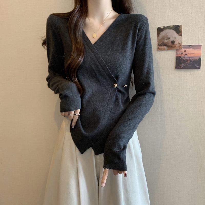 Übergröße Damen Kreuz-V-Ausschnitt Langarm-T-Shirt - Unregelmäßig, Locker, Figurschmeichelnd, Trendiges Oberteil für Frühling und Herbst