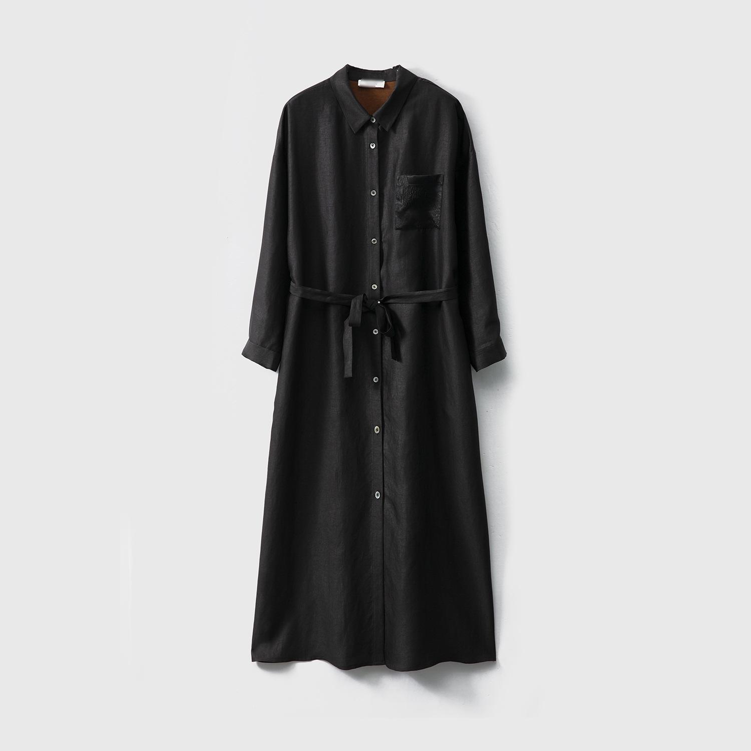 

Платье миди из тутового шелка с узором черепахи, отложным воротником, длинными рукавами и завязкой на талии Medium чёрный