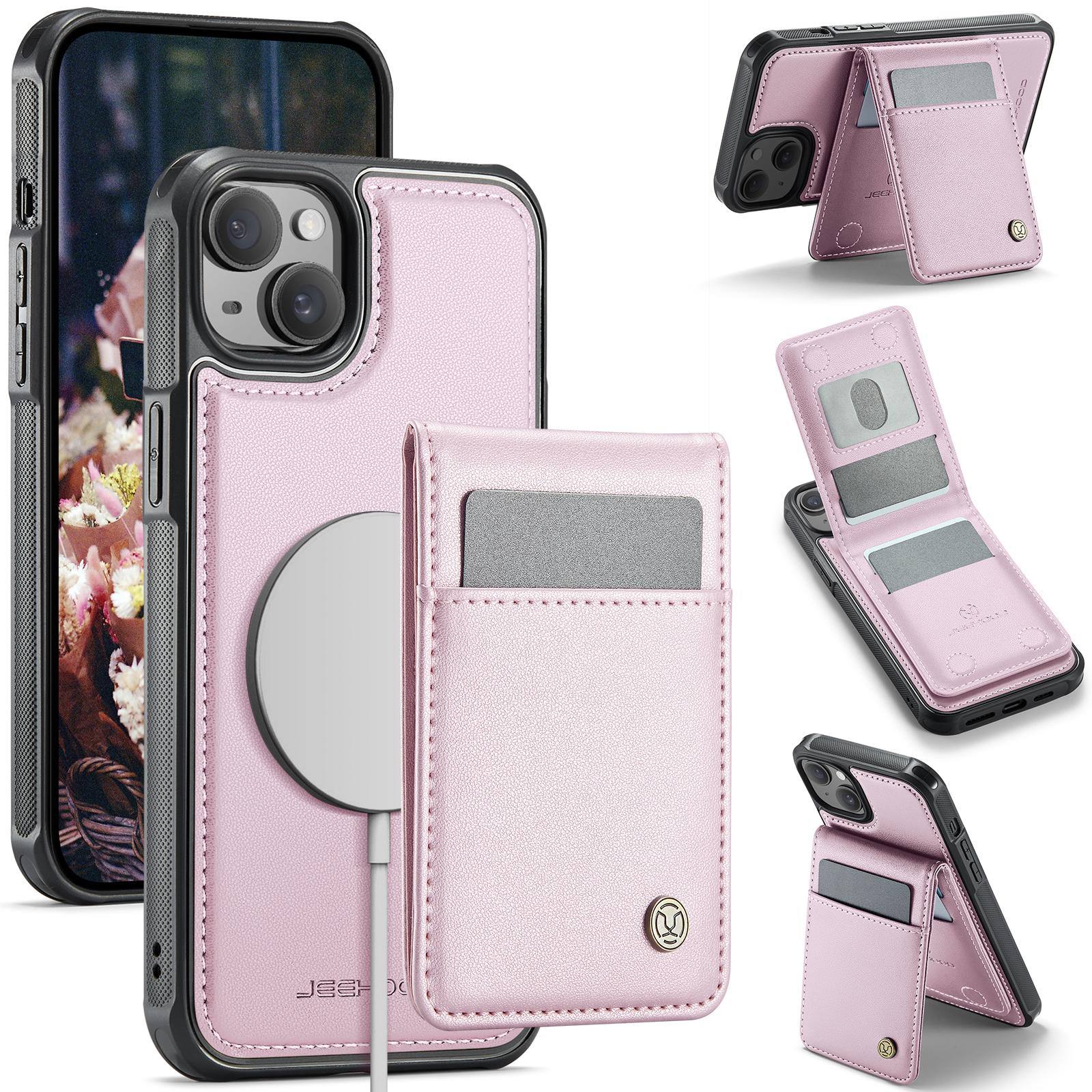 

For iPhone 14 Plus Leather Back Cover Compatible with MagSafe JEEHOOD J06 Phone Case with Card Bag RFID Blocking Pink