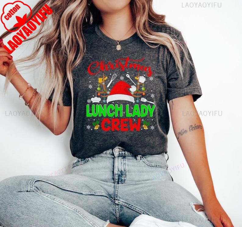 Lunch Lady Christmas Hat Crew Cafeteria Worker Gift School Staff Fashion Funny Printed Tshirt Tops Regular High Quality Cotton S