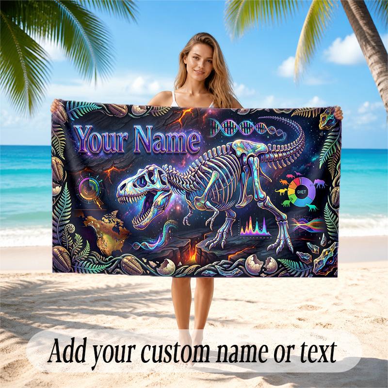 Dinosaur Theme Quick Dry Beach Towel Custom Name Text Print Large Sand Resistant Towel Beach Vacation