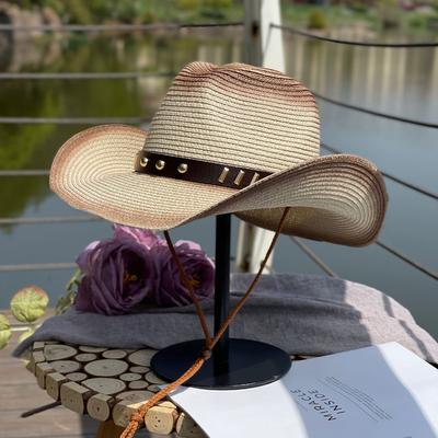 Rivet Belt Gradient Color Jazz Cowboy Straw Hat for Women, Summer Outdoor Fishing Sun Protection Hat, Men's Sunshade Beach Hat