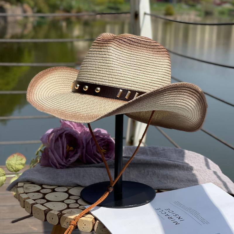 Rivet Belt Gradient Color Jazz Cowboy Straw Hat for Women, Summer Outdoor Fishing Sun Protection Hat, Men's Sunshade Beach Hat