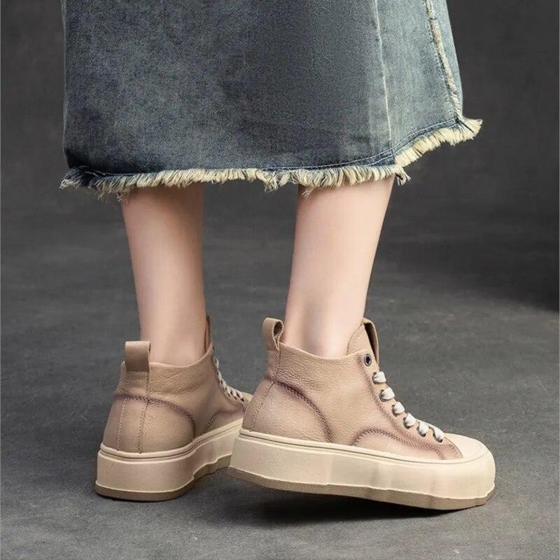 Johnature Genuine Leather Women's Flat Shoes Leisure Versatile Cowhide Round Toe Thick Soled Shoes