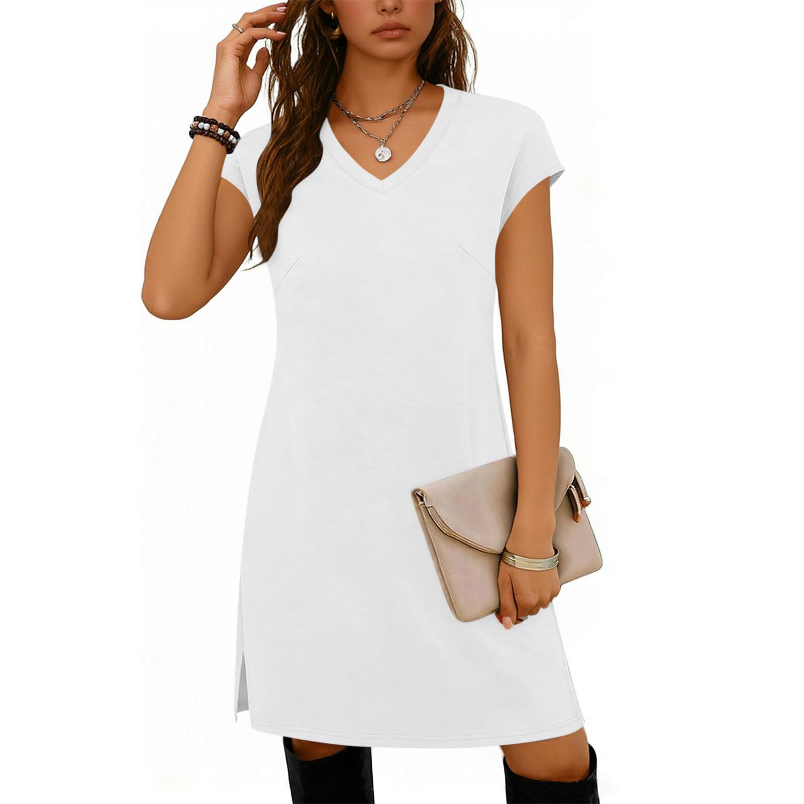 Fashionable Women s V-neck Hem Slit  Color Casual Dress S белый
