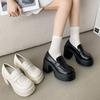 Round Head Retro College Style One-pedal Black Platform Small Leather Shoes Women's British Style High-heeled Loafers