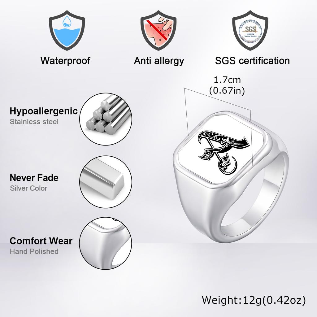 Engrave Custom A-Z Initial Picture Rings for Men, Stainless Steel Male Signet Ring, High Polished Finger Jewelry Gift Father Day