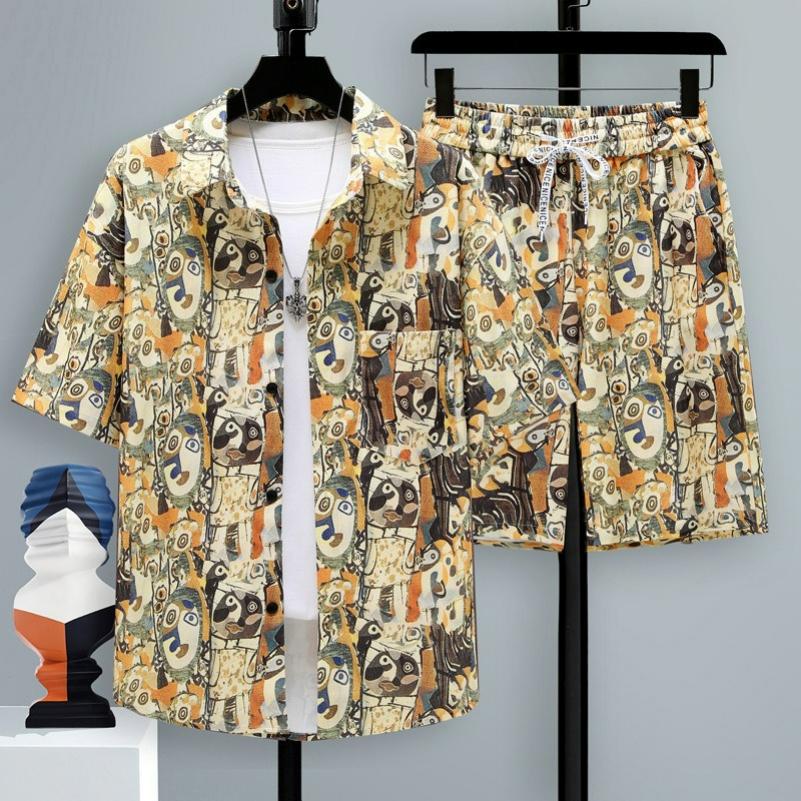 Men's Short-sleeved Suit Summer Leisure Sports Fried Street Trend Cool Shorts Two-piece Suit