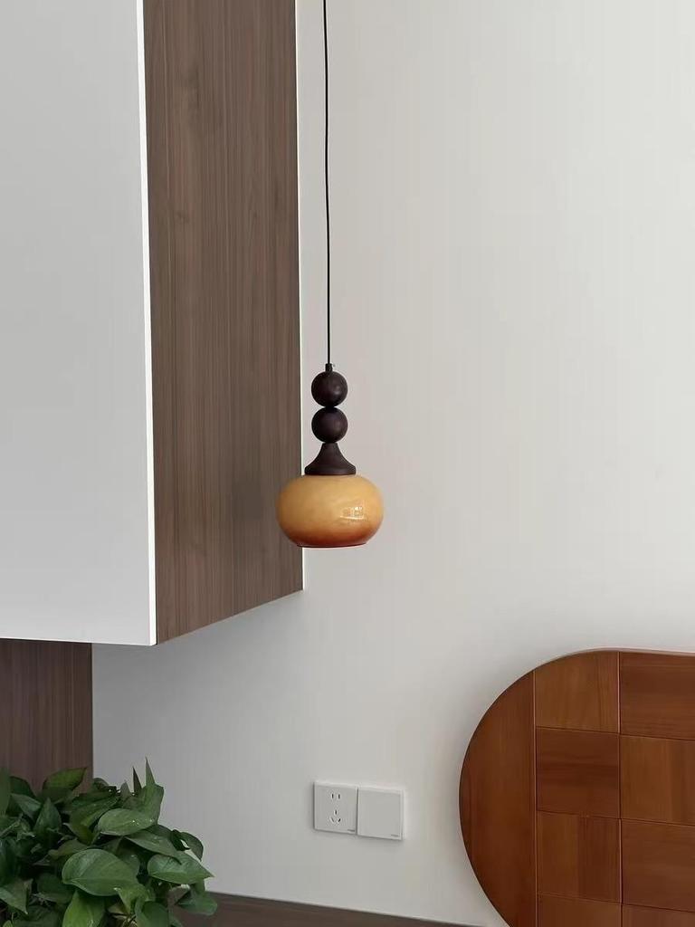 Mid-Century Wabi-Sabi Walnut Glass Pendant Light for Entryway, Hallway, Bar, Study, or Bedroom.