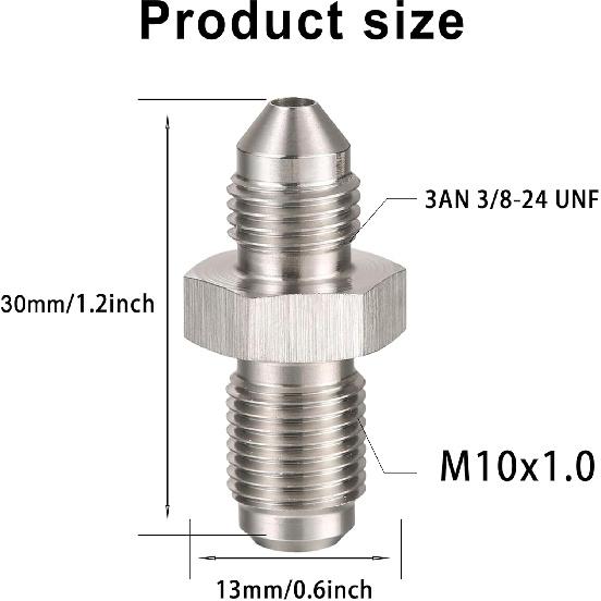 3AN Male to M10x1.0 Male Inverted Flare Stainless Steel Brake Adapter Fitting Connector(4pcs)