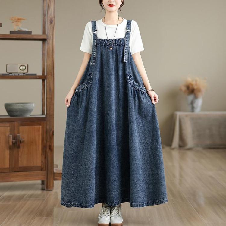 Vintage Denim Maxi Dress Women Plus Size Loose Casual Basic Sleeveless Long Dress Cotton