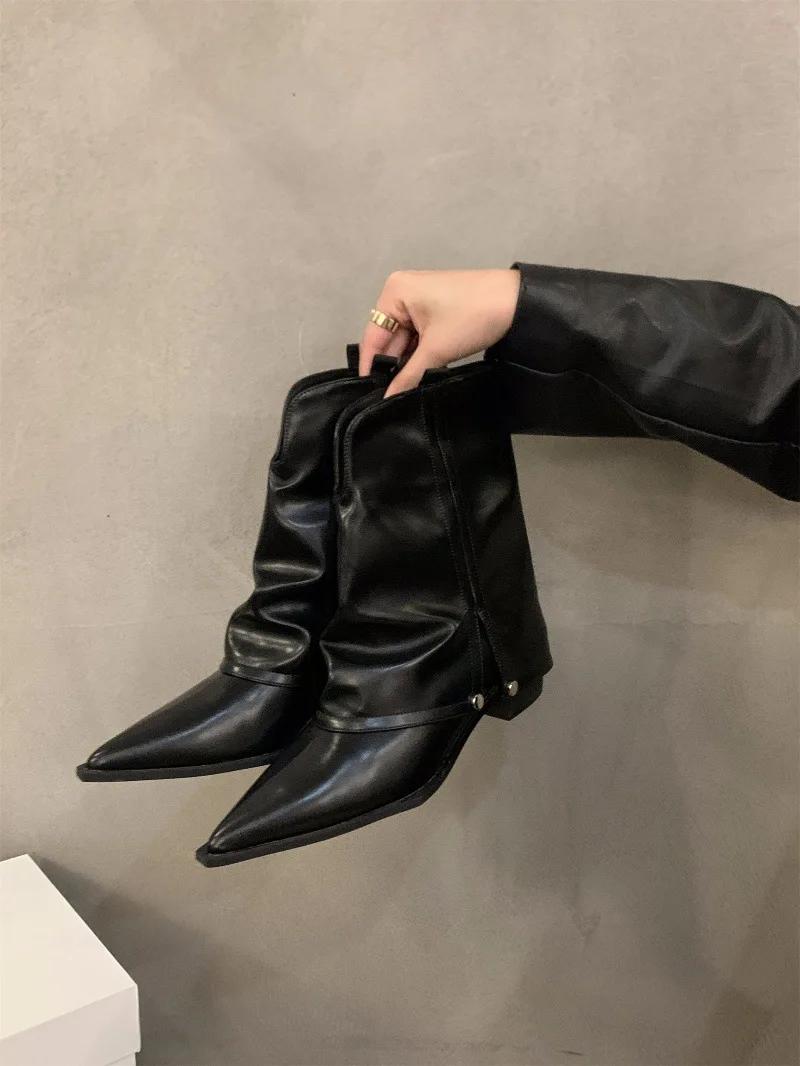 

Винтажные женские ковбойские сапоги в стиле вестерн, модные дизайнерские элегантные остроносые брюки, женские современные короткие брюки на толстом каблуке, ботильоны 35 чёрный