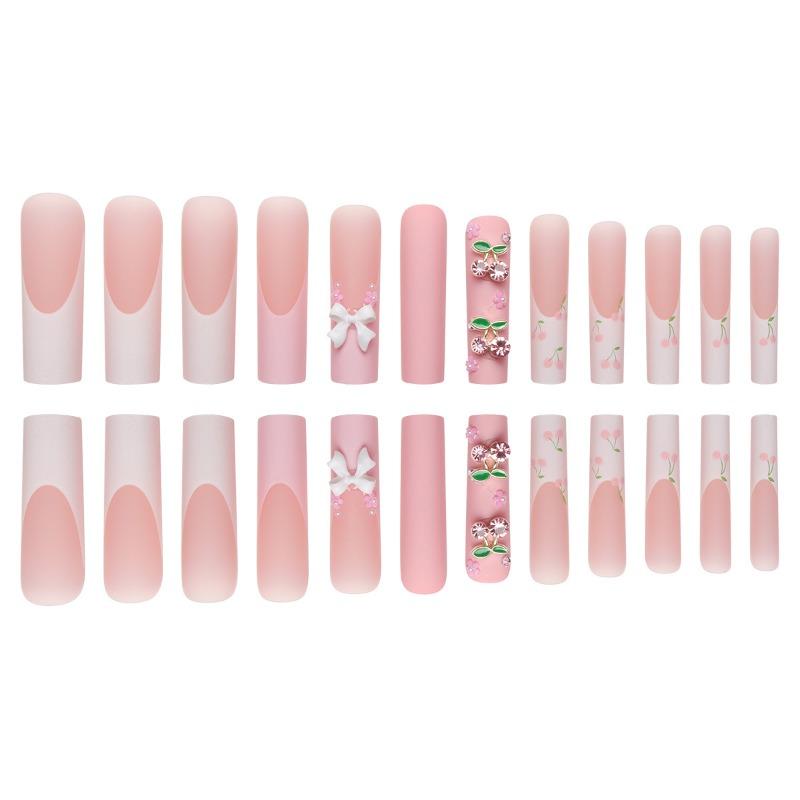 Super long water pipe wearing armor with diamonds, bow cherry flower white French detachable finished fake nail patch