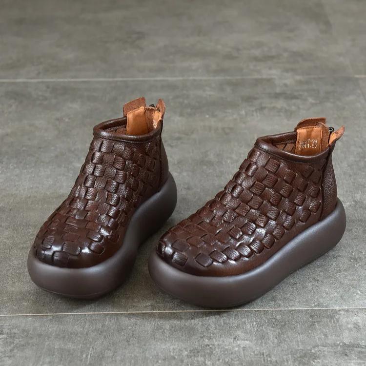 Johnature Retro Handmade Woven Genuine Leather Ankle Boots Women's Platform Shoes