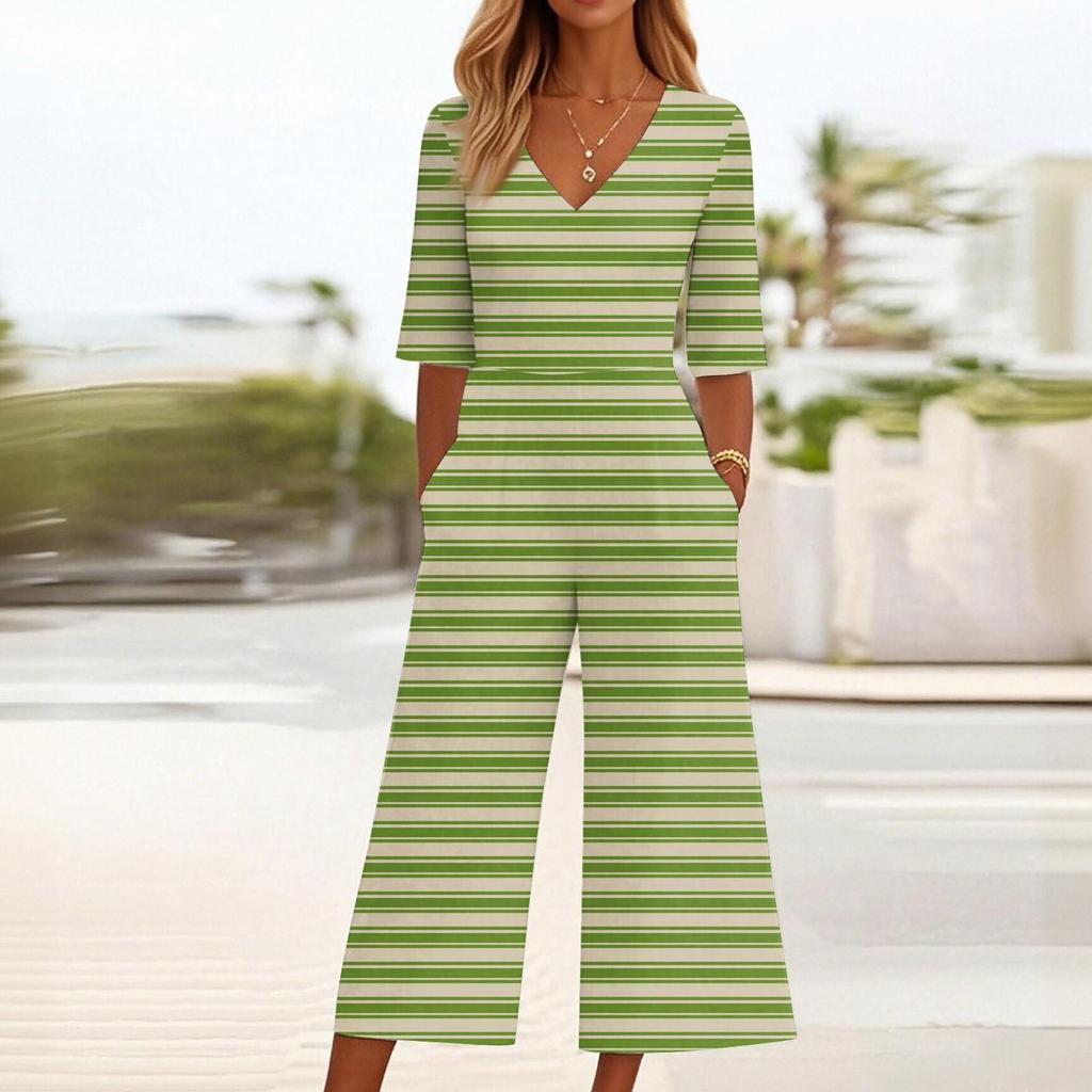 Dámský volný ležérní overal s potiskem s výstřihem do V, slim fit overal se širokými nohavicemi, overal se širokými nohavicemi