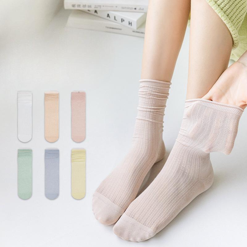 Boneless Pile Socks for Women, Summer Thin Mid-calf Socks, White Long Socks with Small Leather Shoes, Postpartum Socks, Summer Long Calf Socks