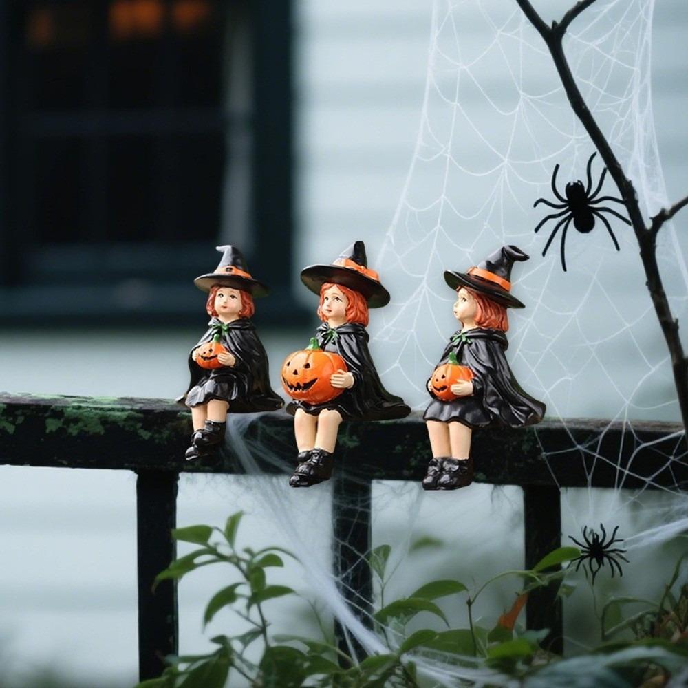 3pcs Resin Crafts Witch Holding Pumpkin Statue Cute Witch Ornament Pumpkin Witch Figurine  Fireplace