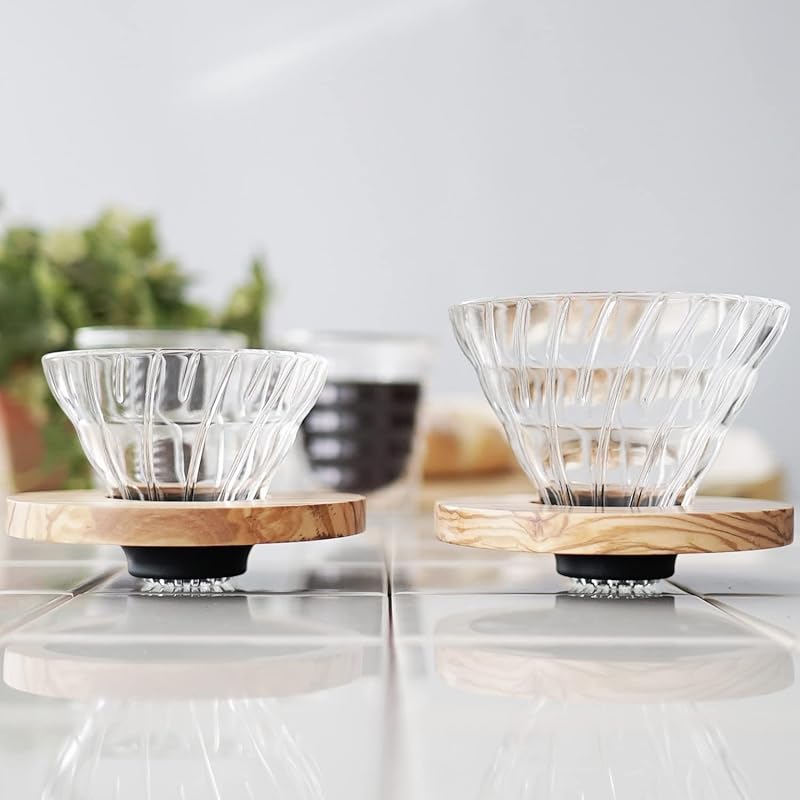 HARIO V60 Heat-Resistant Glass Coffee Dripper with Olive Wood Finish (02) for 1-4 Cups (VDGR-02-OV)