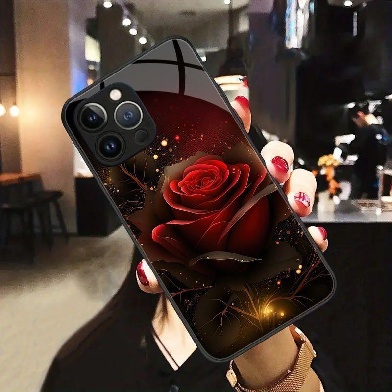 Rose patterned tempered glass phone case suitable for iPhone17 16 15 14 13 12 11Pro/Max/Plus anti drop and shockproof back cover
