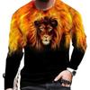 Round Neck 3D Tiger Lion Printed Top Casual Long Sleeved Men's T-shirts - Soft Medium Stretch Polyester Fabric Spring and Autumn Relaxed Fit Clothing
