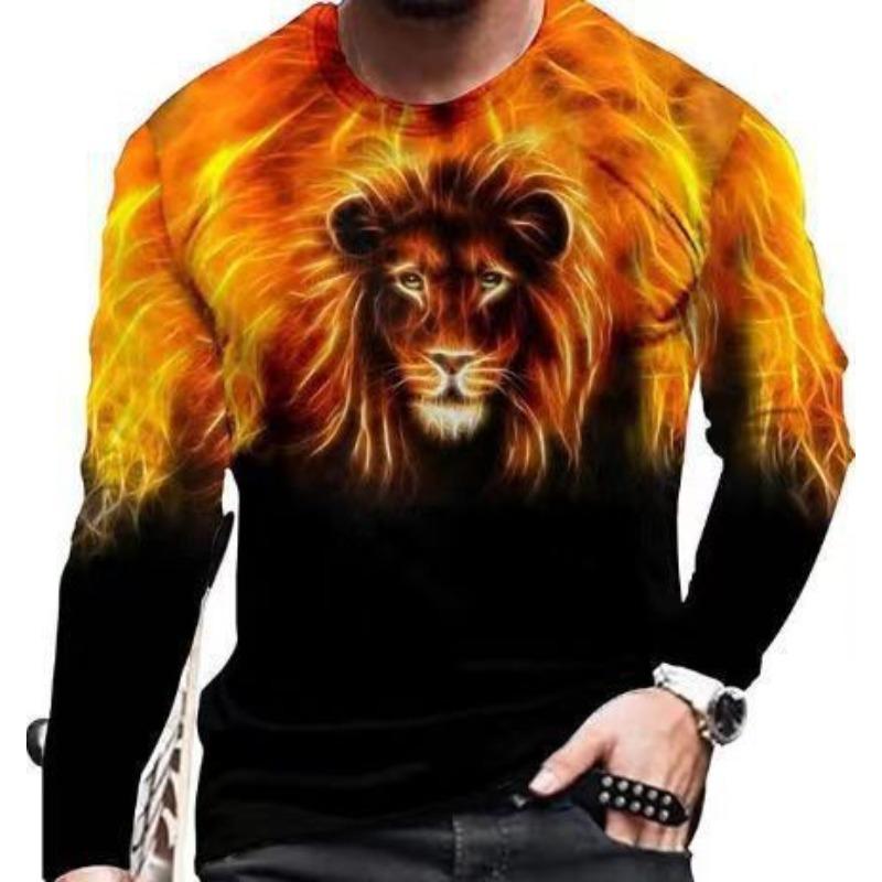 Round Neck 3D Tiger Lion Printed Top Casual Long Sleeved Men's T-shirts - Soft Medium Stretch Polyester Fabric Spring and Autumn Relaxed Fit Clothing