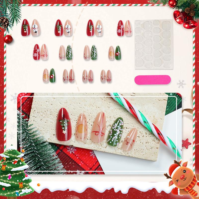 24PCS Christmas Manicure Nail Tips with Snowflake and Snowman Designs - Almond Shape