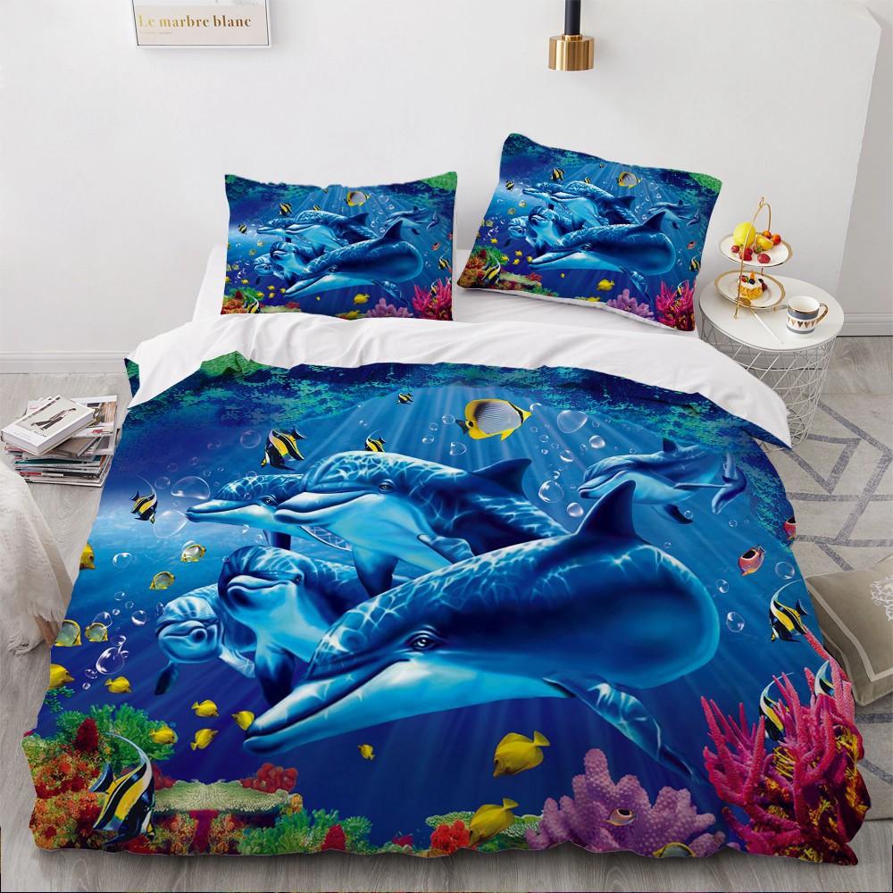Dolphin Ocean King Queen Duvet Cover Cute 3D Sea Animal Bedding Set For Kids Teens Adults Shoal Of Fish Blue 2/3pcs Quilt Cover
